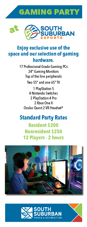 eSports Gaming Party Graphic: Click for more info on birthday parties at South Suburban!