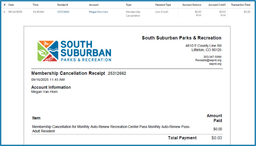Image of a Membership Cancellation receipt